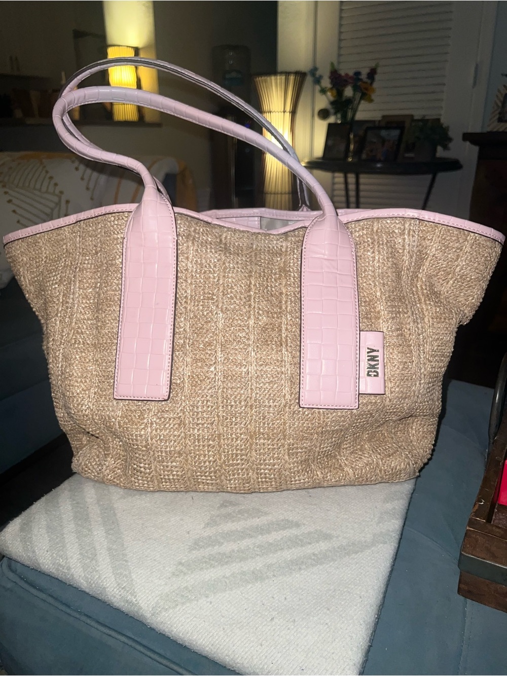 DKNY Natural Woven Tote with Pale Pink Trim
